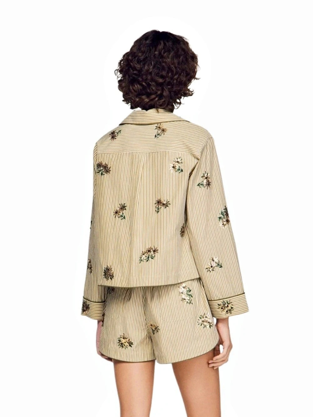 NWT SANDRO STRIPED SHIRT SEQUIN EMBROIDERY 4 white olive brown - Picture 4 of 8